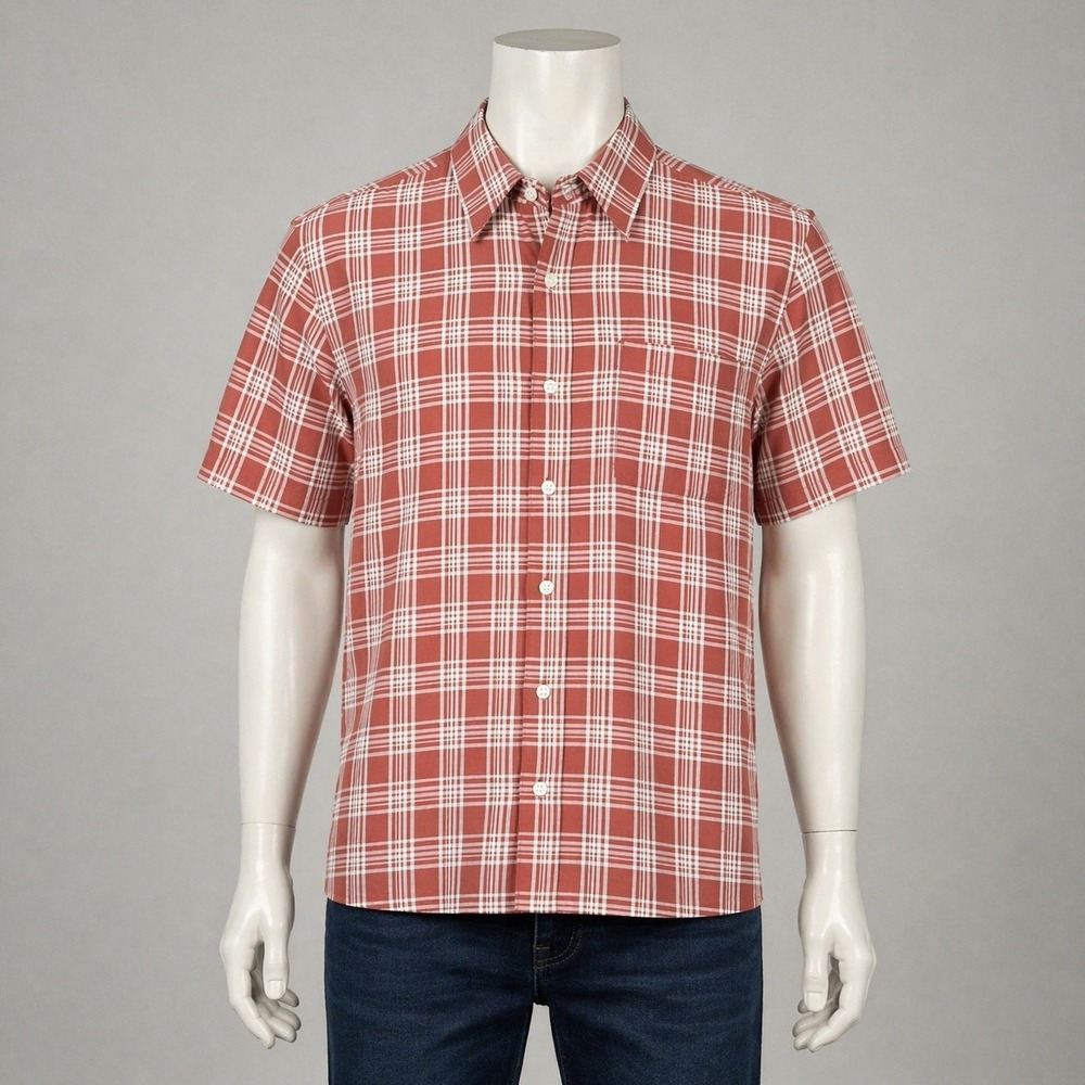 Marmot Mountain Works Shirt Men's Medium Orange Plaid Short Sleeve‎ Button Up
